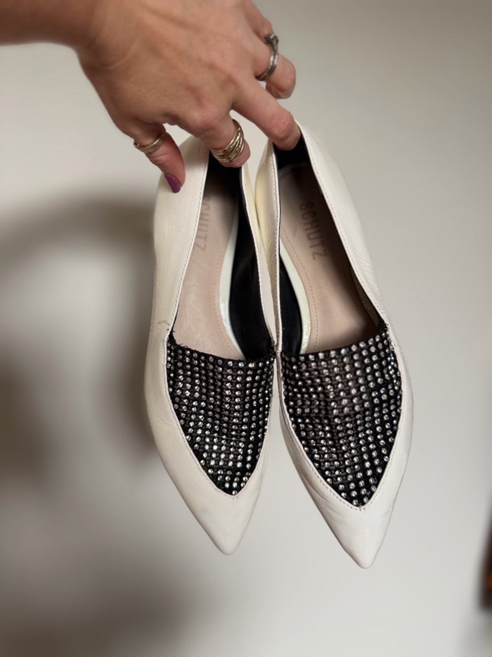 SCHUTZ White Pointed-Toe Flats with Black Embellished Vamp